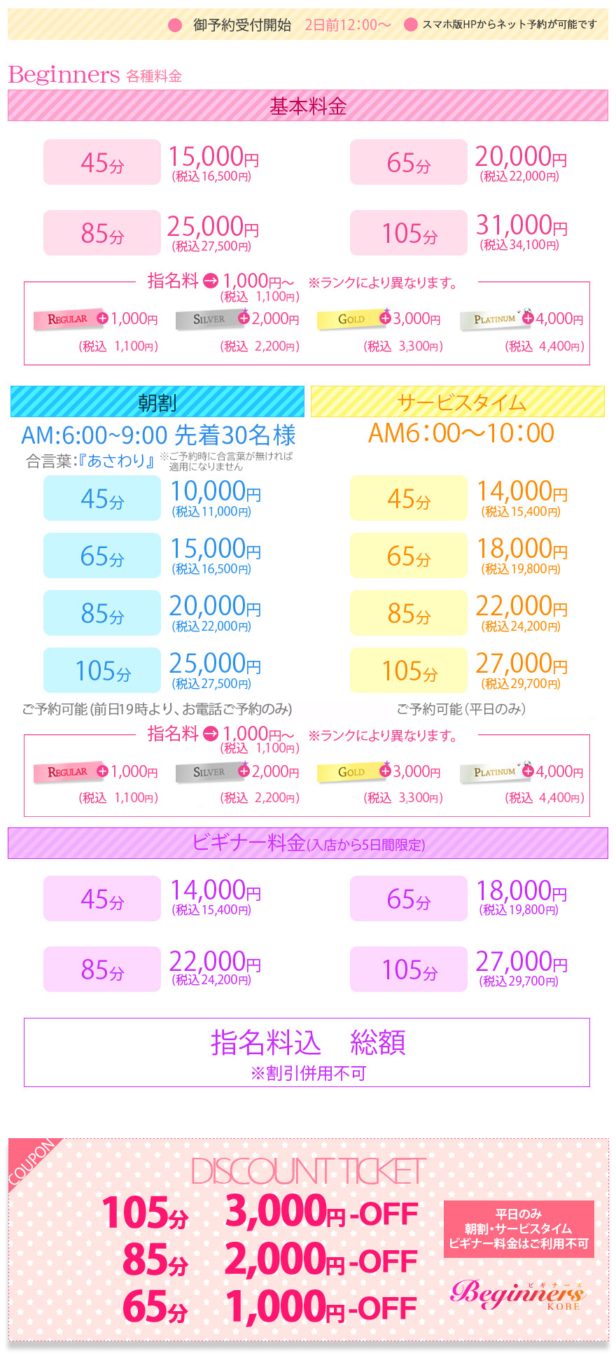 福原ソープ  ビギナーズ神戸 料金システムのご案内